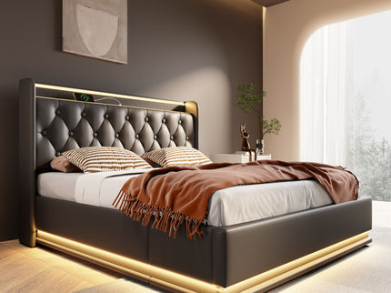 Upholstered Bed, 360 Surround LED Function, Remote Control, Hydraulic Storage Bed With USB, Type-C Charging (Without Mattress)