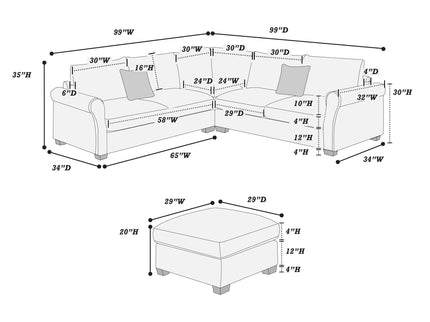 L - Sectional Sofa Set With Corner Wedge And Ottoman, 4 Piece Living Room Furniture - Sage