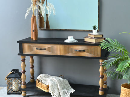 Accent Carved Console Table With Open Shelf And 2 Drawers Living Room - Black / Natural Wood Wash