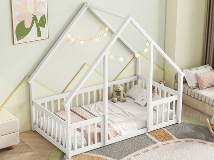 Wood House-Shaped Floor Bed With Fence, Guardrails
