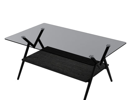 Rectangle Coffee Table With Tempered Glass Top And Shelf, Modern Table For Living Room