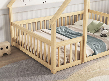 Wood House-Shaped Floor Bed With Fence, Guardrails