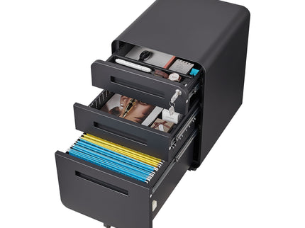 3 Drawer Mobile File Cabinet Under Desk Office, Simple Style Versatile Storage Cabinet For Legal / Letter / A4 Files, 5 Wheel Design Anti-Tilting Cold Rolled Steel Waterproof Moisture-Proof