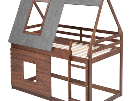 Wood Twin Size House Bunk Bed With Roof, Ladder And 2 Windows - Oak & Smoky Gray