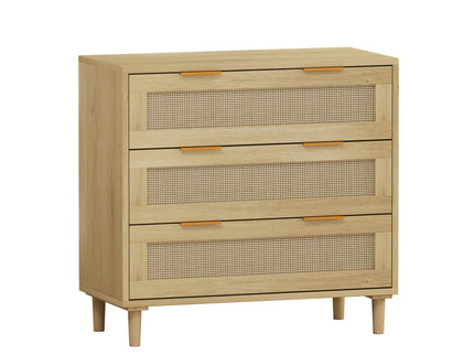 3 Drawer Storage Cabinet With Rattan Drawers For Bedroom, Living Room - Oak