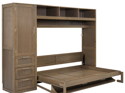 Full Size Murphy Bed With Wardrobe, Drawers, And Open Shelves - Wood