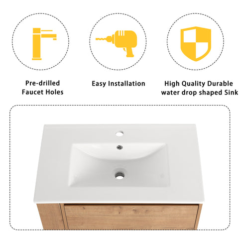 Modern Wall Mounted Bathroom Vanity With Ceramic Sink And Storage Rack, 2 Soft Close Drawers