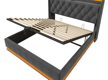 Upholstered Bed, 360 Surround LED Function, Remote Control, Hydraulic Storage Bed With USB, Type-C Charging (Without Mattress)