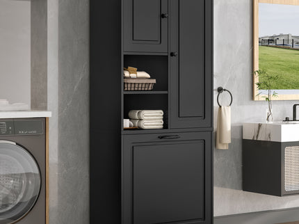 Modern Tall Storage Cabinet With Adjustable Shelves, Flip-Out Basket & Enclosed Doors