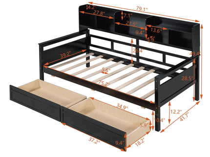 Daybed, Slat Support, With Bedside Shelves And 2 Drawers