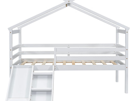 Low Loft House Bed With Slide, Ladder, Safety Guardrails, House Roof Frame