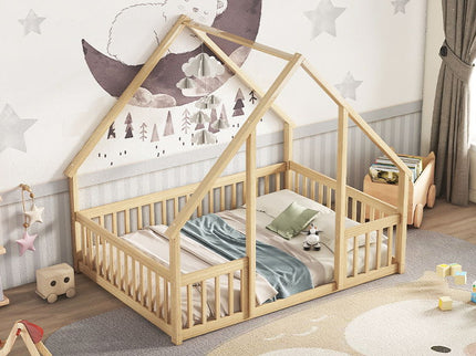 Wood House-Shaped Floor Bed With Fence, Guardrails