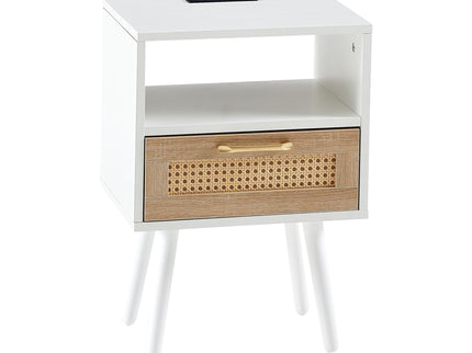 15.75" Rattan End Table With Power Outlet & USB Ports, Modern Nightstand With Drawer And Solid Wood Legs, Side Table For Living Room, Bedroom