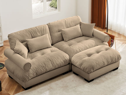 Modern Sectional Sofa With Ottoman, Round Bolster Armrests, Waist And Throw Pillows
