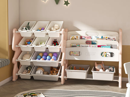 Kids Toy Storage Organizer With 2 Tier Bookshelf, Toy Storage With 12 Bins