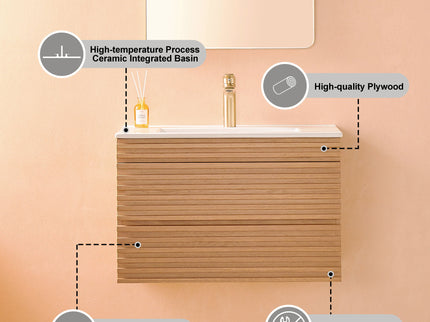 Wall Mounted & Floating Single Vanity With Ceramic Sink - Natural Walnut