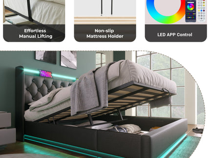 Upholstered Bed, 360 Surround LED Function, Remote Control, Hydraulic Storage Bed With USB, Type-C Charging (Without Mattress)