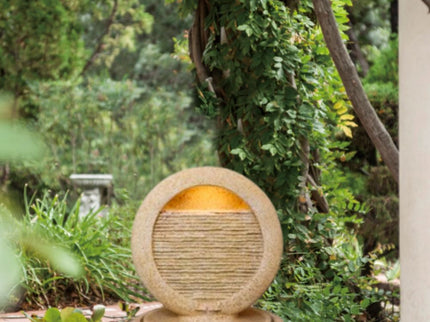 Cement Round Water Fountain With Light And Pump - Beige / Yellow