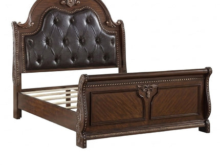 Bed & Carved Padded And Button Tufted Headboard