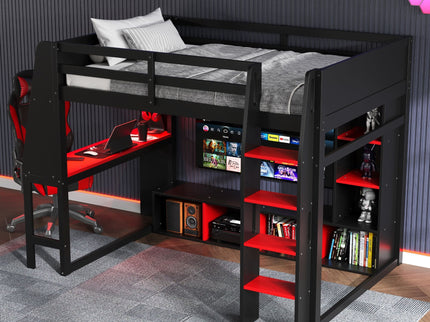 Gaming Loft Bed With Desk, Multi Storage Shelves, LED Lighting, And Hanging Clothes Rack