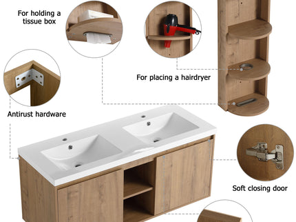 48" Wall Mounted Bathroom Vanity With Double Resin Sink And Storage Rack Soft Close Doors Plywood Construction - Imitative Oak