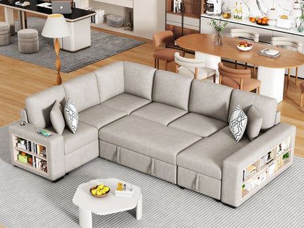 U-Shaped Sectional Sofa Pull-Out Sofa Bed With Two USB Ports, A Storage Chaise Lounge And Four Back Pillows For Living Room