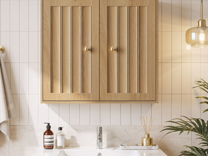 Wall Mounted Bathroom Cabinet With Double Doors And Vertical Grooved Design For Bathrooms - Oak