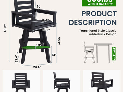 Outdoor Swivel Bar Chair, Ladderback With Wide & Thickened Frame