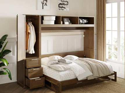 Full Size Murphy Bed With Wardrobe, Drawers, And Open Shelves - Wood