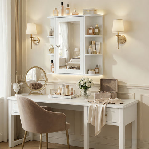 Bathroom Wall Storage Cabinet With Mirror And Adjustable Shelf, 6 Open Shelves