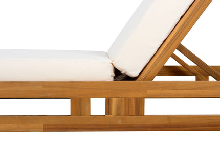 Premium Acacia Wood Lounge Chaise Set With Water Resistant Cushions, Adjustable Recline - Cream / Teak