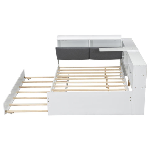Platform Bed With Trundle, Shelves, And Storage Headboard
