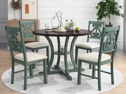 5 Piece Round Dining Table And Chair Set With Unique Legs And Hollow Chair Back