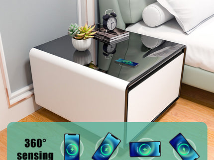 Modern Smart Side Table With Built-In Fridge, Wireless Charging, Temperature Control, Power Socket, USB Ports, Outlet Protection, Induction Light