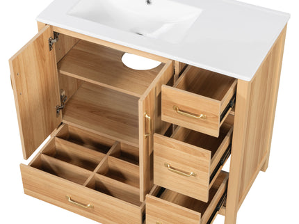 36" Bathroom Vanity, 2 Soft Close Doors, 4 Soft Close Drawers, Adjustable Shelf, Storage Cabinet - Acacia Wood