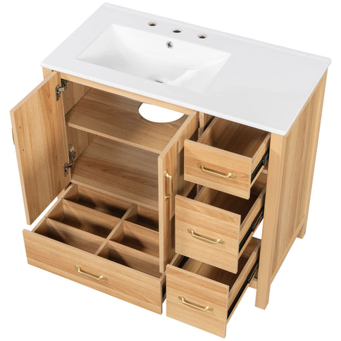 Bathroom Vanity, 2 Soft Close Doors, 4 Soft Close Drawers, Adjustable Shelf, Storage Cabinet - Acacia Wood