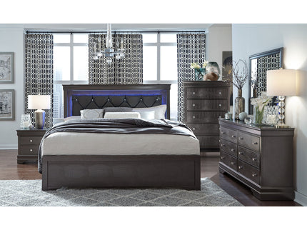 Shaker - 5 Pieces Bedroom Set With Crystal Inspired Tufted Headboard And LED Lighting