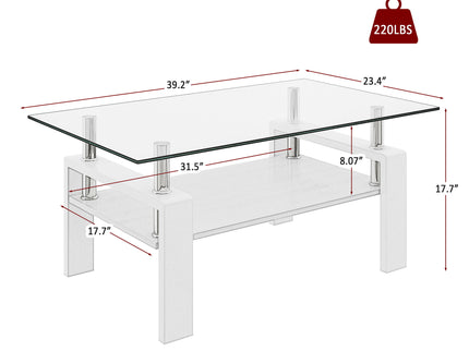 Modern Rectangular Coffee Table With Tempered Transparent Glass Top And Storage Shelf
