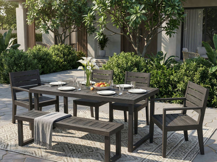 Outdoor 6 Seater Dining Set With Bench - Dark Gray / Light Gray