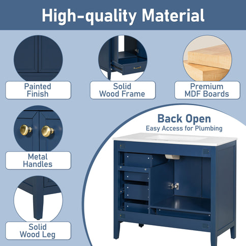 Elegant Vintage Bathroom Vanity & Sink And Soft Closing Door, 4 Drawers Of Different Sizes Frame