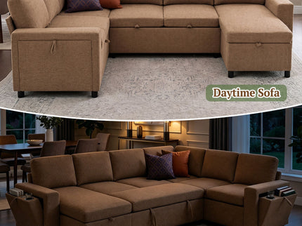U - Shaped Convertible Sectional Sofa Bed With Storage, USB Charger & Cup Holders