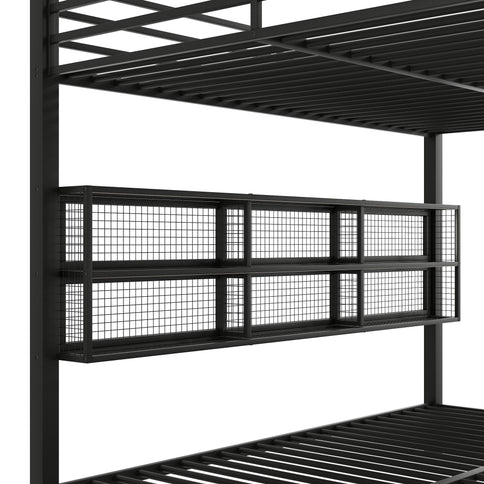Queen Over Queen Bunk Bed With Storage Cabinets And LED Sturdy Frame, 6 Storage Units, Adjustable LED Lights - Black