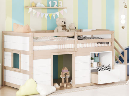 Low Loft Bed With Stair, Drawer, And Shelf