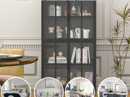 Premium Metal Storage Cabinet With Tempered Glass Doors, Adjustable Shelves, And Anti Tipping Device - Black