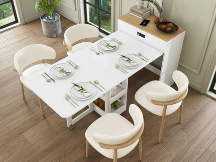 Extendable Dining Table With Power Socket, Lockable Casters, Storage Cabinet
