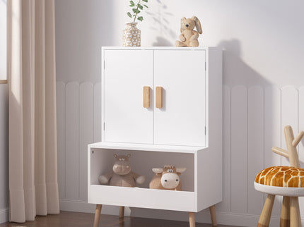 Toy Storage Cabinet With Doors And Open Shelf, Toddler Bookshelf For Playroom - White