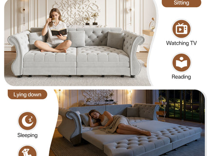 Oversized Chesterfield Pull Out Sofa Bed, Roll Arm Couch With Flower Tufting For Living Room