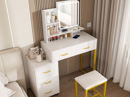 Elegant Makeup Vanity With Led Lights & Power Outlet - White