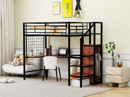 Loft Bed With Desk And Grid, Stylish Frame With Lateral Storage Ladder And Wardrobe