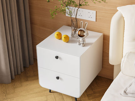 Modern Night Stand Storage Cabinet For Living Room Bedroom, Steel Cabinet With 2 Drawers, Bedside Furniture, Circular Handle - White